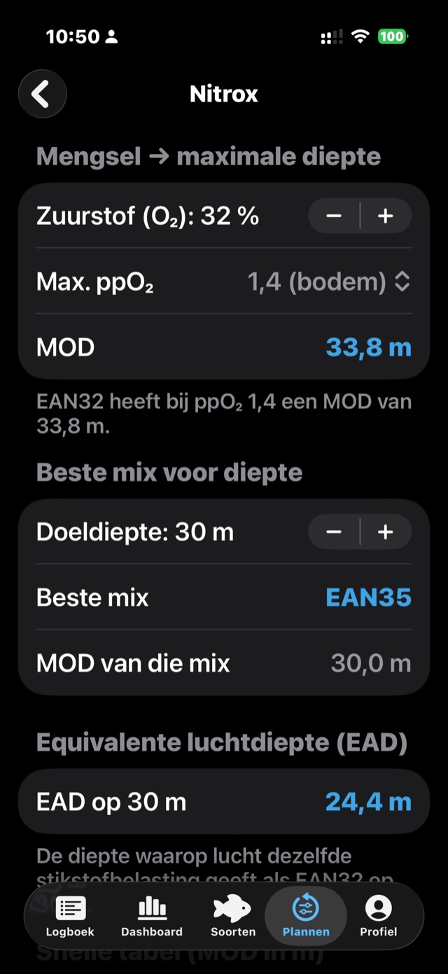 Nitrox-calculator met MOD, beste mix en EAD